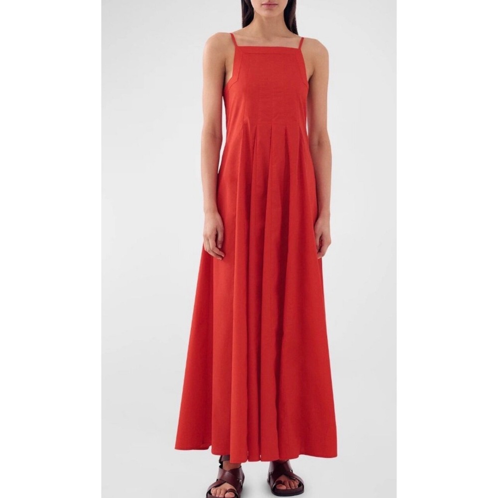 Bird & Knoll Red Munroe Cotton Pintuck Maxi Dress Square Neck Pleated Small